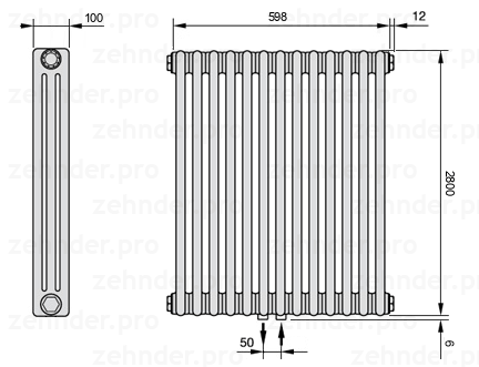 Схема (чертеж) Радиатор Zehnder Charleston 3280/13 №5410 Белый глянцевый RAL 9016